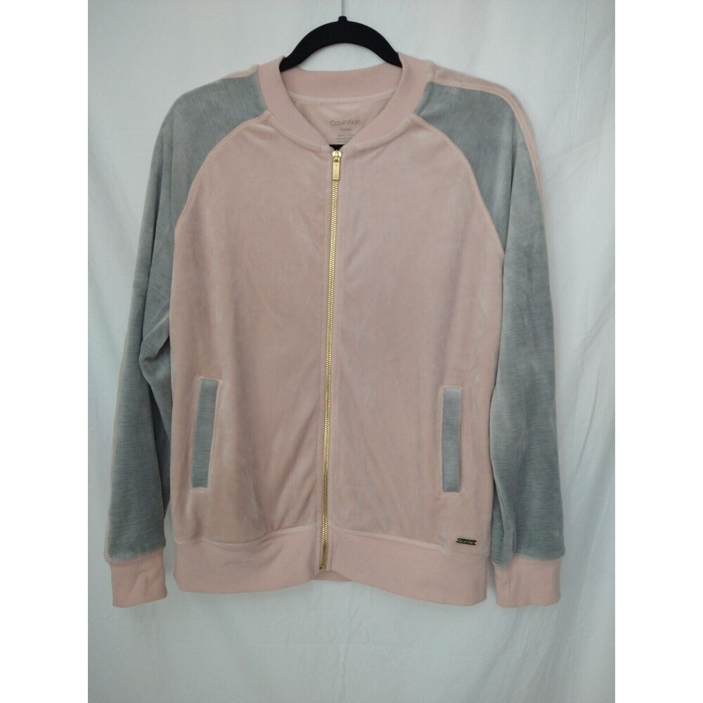 Calvin Klein Full-Zip Velour Hooded Track Jacket *Flaw Pink/Gray Size M Soft!